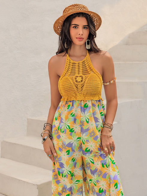 Openwork Halter Neck Floral Wide Leg Jumpsuit - Odaingerous